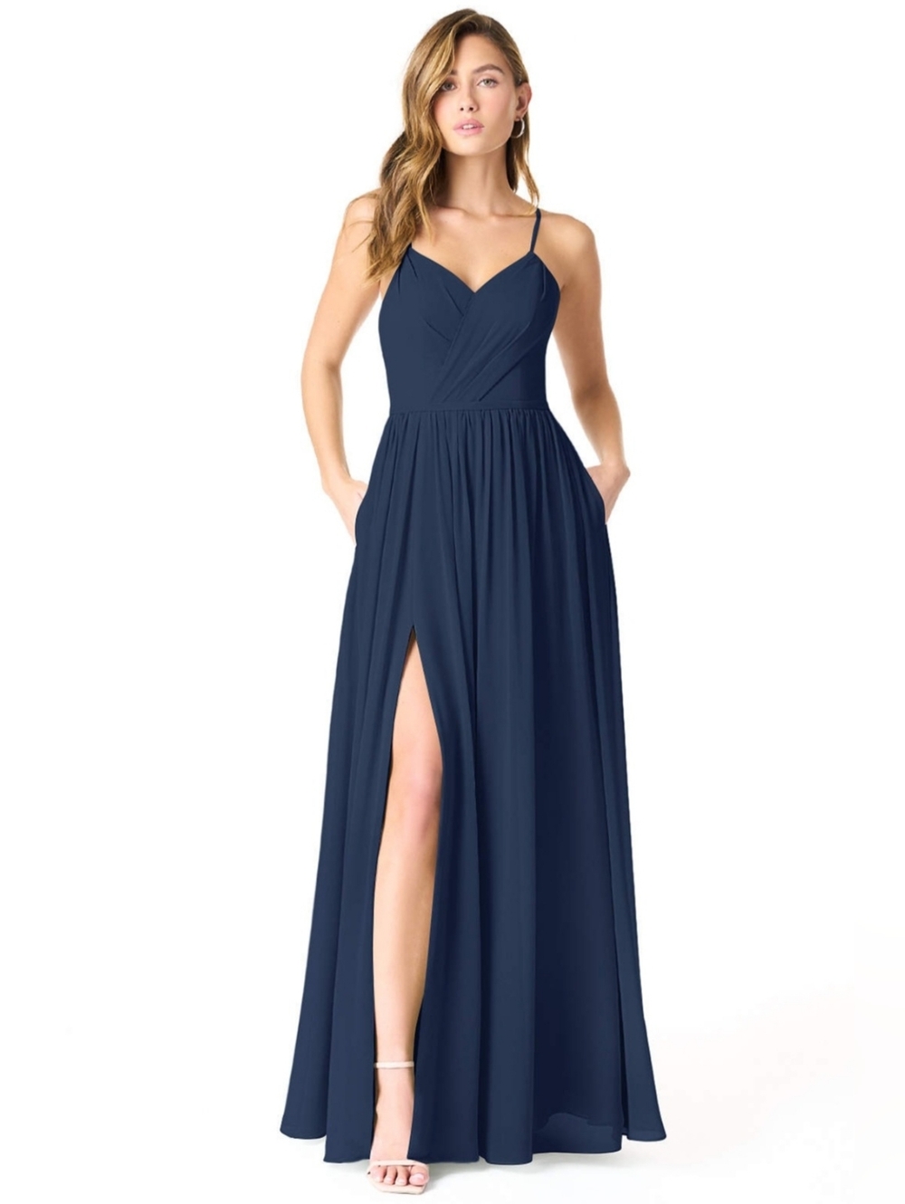 Azazie Navy Spaghetti Strap Maxi Dress with High Front Slit Size A0